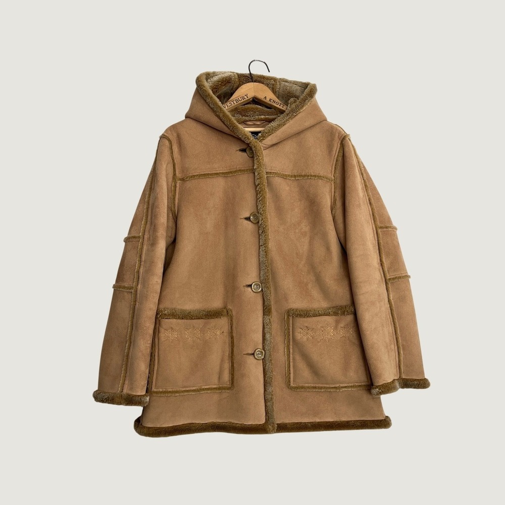 Vintage Womens Faux Shearling Hooded Duffle Coat Tan Snowflake Embroidered Med